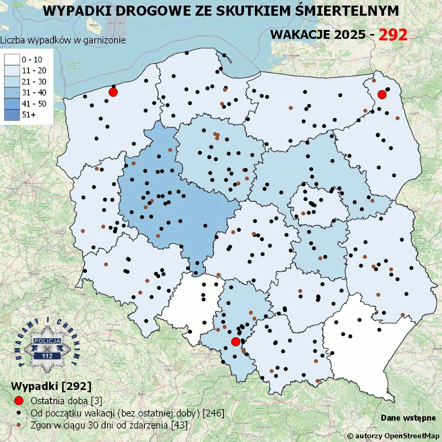 Mapa prezentująca liczbę wypadków poprzedniej doby w Polsce. Prezentowane dane są dostępne w tekście poniżej.