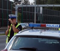 Na fotografii widać policjantów KPP Mikołów - Wydział Ruchu Drogowego podczas działań ogólnokrajowych NURD w dniu 08.08.2019 r.