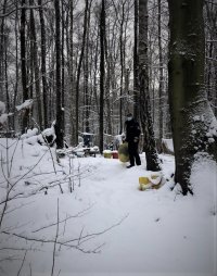 na zdjęciu widać umundurowanego policjanta w lesie, niosącego worek. Las jest zaśnieżony