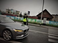 policjant wydaje kierującemu osobowym autem znak do zatrzymania się do kontroli