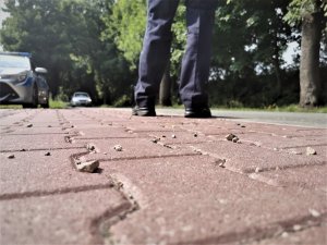 fragment chodnika, w tle policjant i oznakowany radiowóz