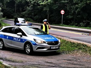 zaparkowany na poboczu radiowóz, obok niego policjant