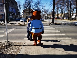 policjantka wraz z policyjną maskotką przechodzą przez przejście dla pieszych w centrum Mikołowa