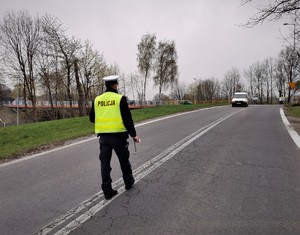 policjant w odblaskowej kamizelce na jednej z dróg w Łaziskach Górnych