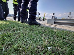 zbliżenie na nogi stojących policjantów, w tle jadące samochody