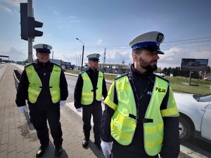 stojący przy sygnalizatorze świetlnym policjanci ruchu drogowego