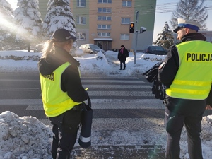 na zdjęciu widać oznakowane przejście dla pieszych. Po jednej stronie policjanci, po drugiej starsza kobieta