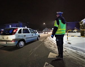 na zdjęciu widać policjanta ruchu drogowego w odblaskowej kamizelce, po lewej stronie samochód osobowy. Jest pora wieczorna