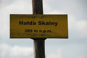 żółta tabliczka z napisem hałda &quot;Skalny&quot; 389 metrów nad poziomem morza