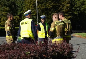 policjanci i strażacy rozmawiają ze sobą. Scena ma miejsce przy trasie drogi krajowej numer 44