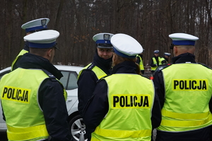 grupa policjantów w odblaskowych kamizelkach