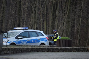 policyjny radiowóz, obok niego policjant drogówki