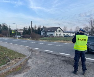 Na zdjęciu widać policjanta stojącego przy drodze