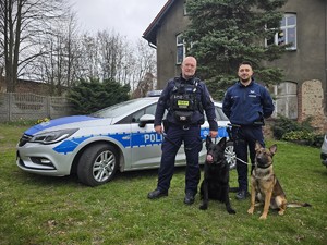 na zdjęciu widać policjantów, psy i radiowóz
