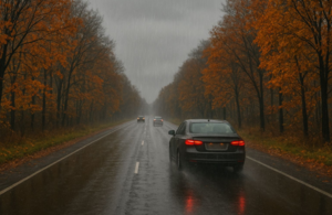 Na zdjęciu widać porę jesienną deszczowa drogę oraz jadące samochody